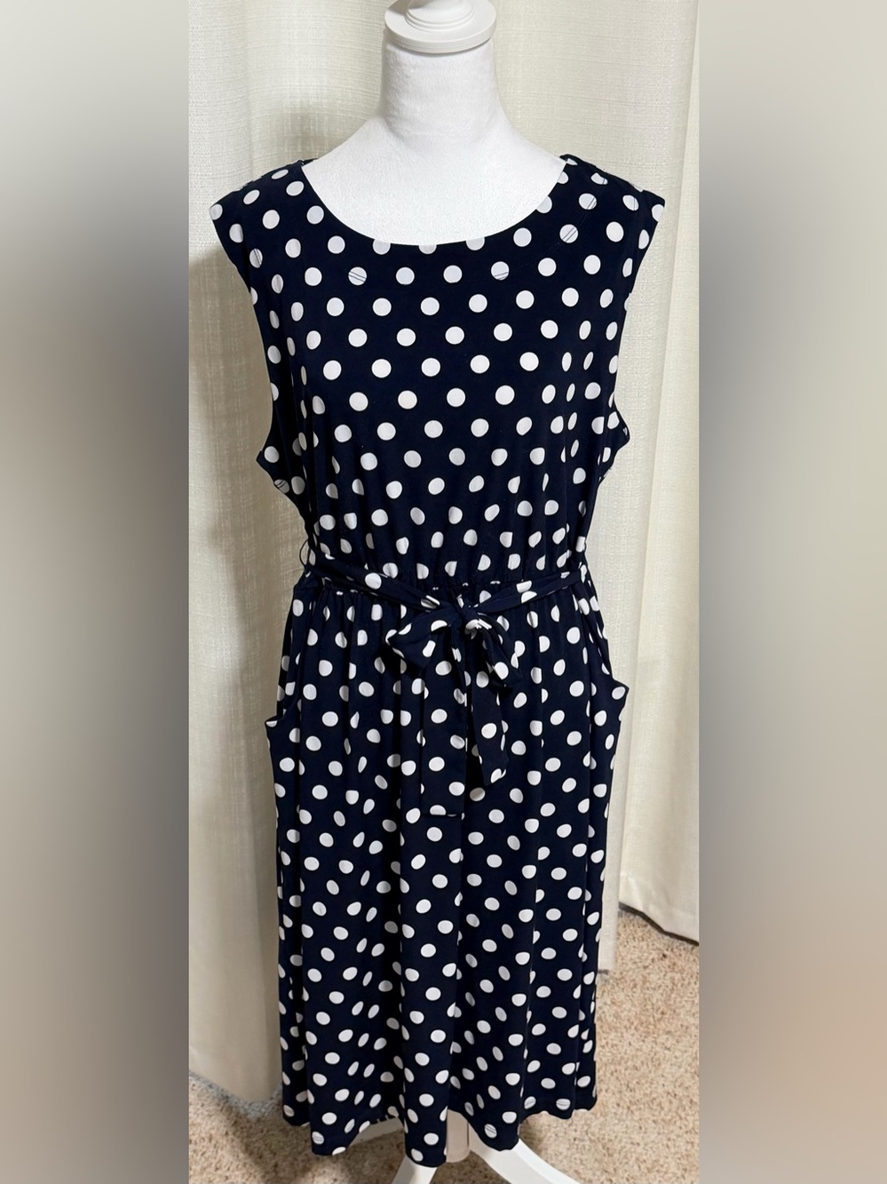 Croft and Barrow Navy and White Polka dot Sleeveless Tie dress Sz XL